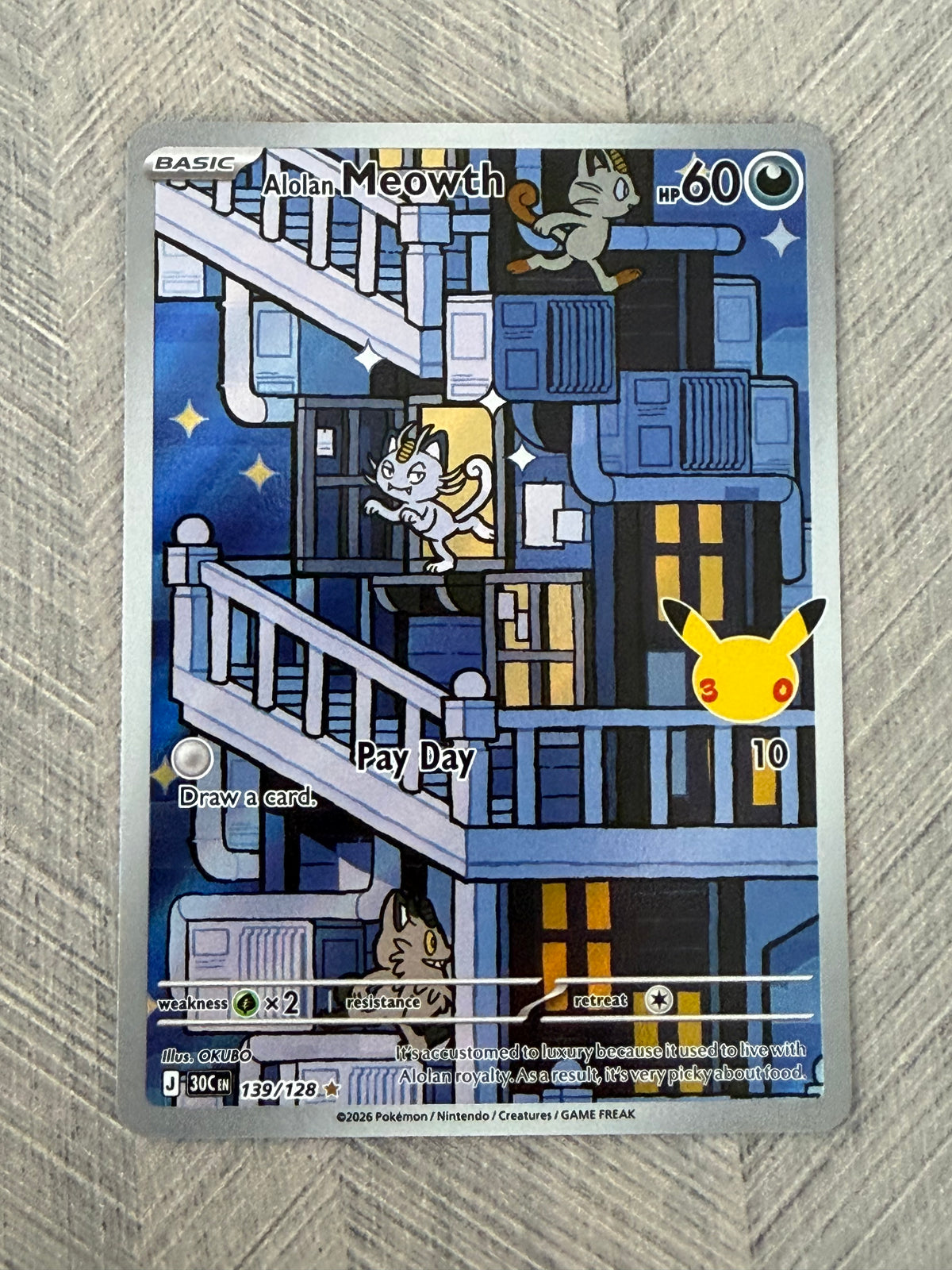 Alolan Meowth 139/128 IR 30th Celebration Pokémon Card - English