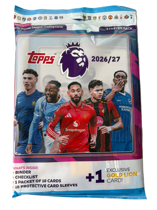 A sealed Topps Premier League trading card starter pack on a light fabric surface. The pack features the Premier League lion logo, the Topps brand mark, the 2026/27 season text, player photos across the front, and text indicating a binder, checklist, 10 cards, 10 protective sleeves, and an exclusive gold lion card.