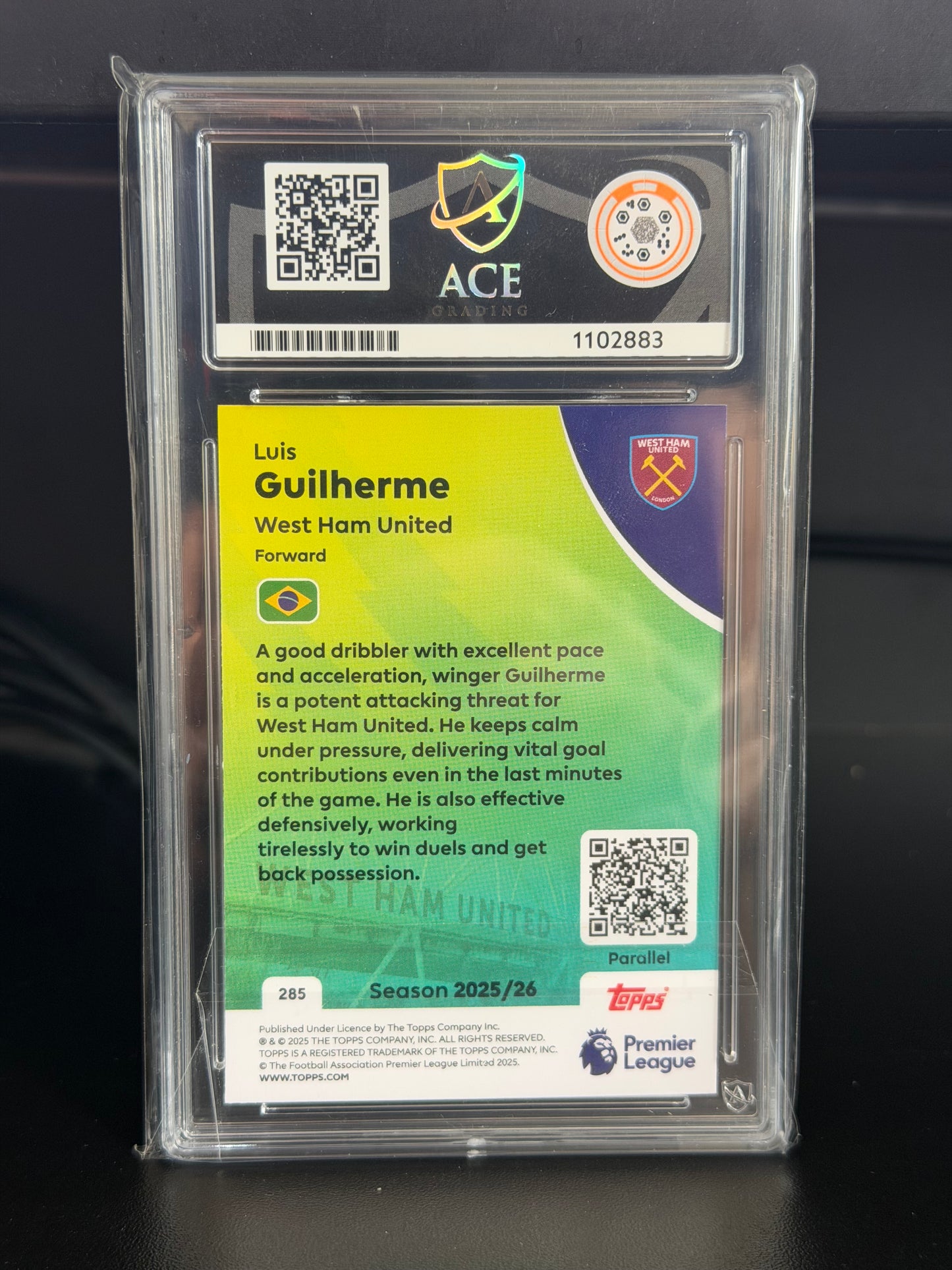 Topps Premier League 2025/26 Luis Guilherme #285 211/399 - Gem Mint 10 Ace Grading